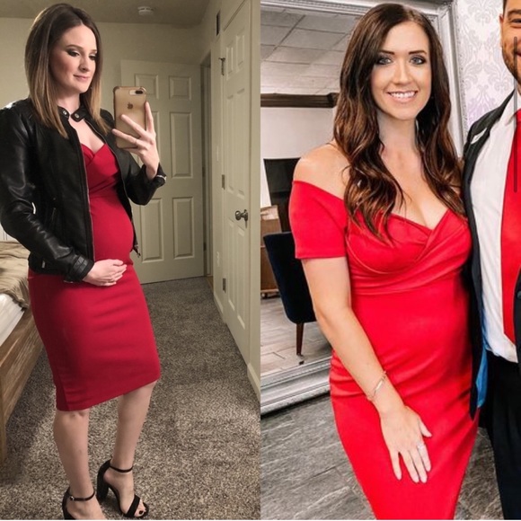 PinkBlush Red Solid Off Shoulder Sweetheart Neckline Maternity Fitted Dress - Picture 2 of 10